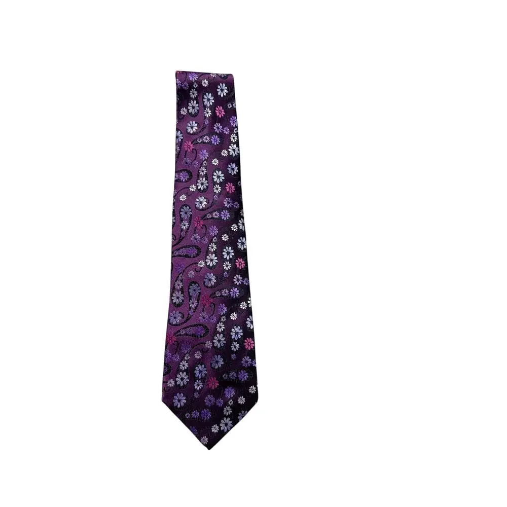 Kailong Mens Silk Necktie Purple Floral Daisy Pattern Hand Made 100% Silk